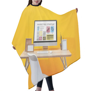 Personality  Computer With Marketing Strategy Website On Screen At Wooden Table On Yellow Background Hair Cutting Cape