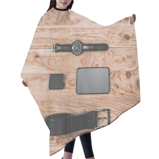 Personality  Smartphone With Belt And Hand Watches On Tabletop Hair Cutting Cape