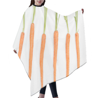 Personality  Top View Of Fresh Ripe Raw Whole Carrots Arranged In Row Isolated On White Hair Cutting Cape