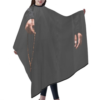 Personality  Partial View Of Priest Holding Rosary Beads In Hand Isolated On Black  Hair Cutting Cape