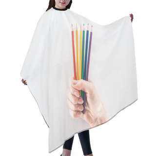 Personality  Partial View Of Female Hand With Rainbow Colored Pencils Isolated On Grey, Lgbt Concept Hair Cutting Cape