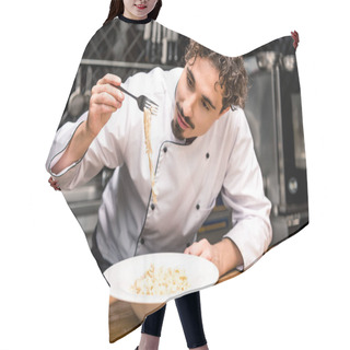 Personality  Chef Checking Pasta With Fork In Kitchen Hair Cutting Cape