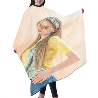 Personality  Beautiful Girl Posing In Jeans, Yellow T-shirt, Sunglasses And Silk Scarf On Beige Hair Cutting Cape