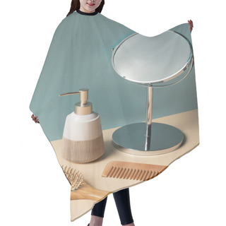 Personality  Comb, Hair Brush, Liquid Soap Dispenser And Mirror On Beige And Grey, Zero Waste Concept Hair Cutting Cape