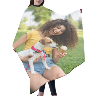 Personality  Selective Focus Of Young Woman Holding Dog And Giving Ice Cream Hair Cutting Cape