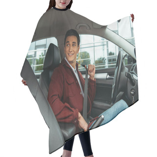 Personality  Smiling Man Holding Safety Belt In Car And Looking Away Hair Cutting Cape