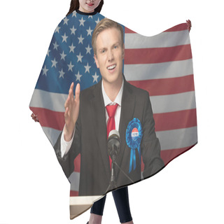 Personality  Happy Man On Tribune On American Flag Background Hair Cutting Cape