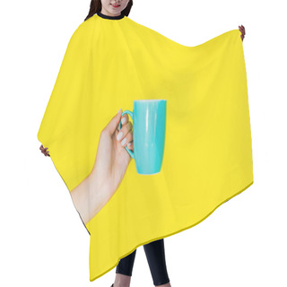 Personality  Cropped View Of Female Hand With Blue Cup On Yellow Background Hair Cutting Cape