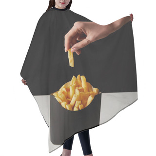 Personality  Woman Taking Out French Fry From Box Isolated On Black Hair Cutting Cape