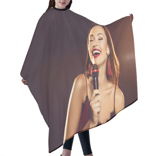 Personality  Portrait Of Seductive Woman With Microphone In Hand Singing Karaoke  Hair Cutting Cape