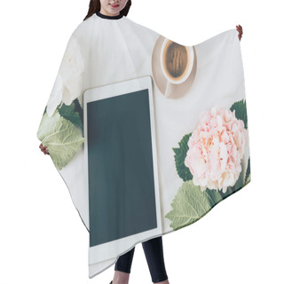 Personality  Top View Of Hortensia Flowers, Coffee And Digital Tablet With Blank Screen On Marble Surface Hair Cutting Cape