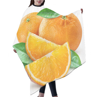 Personality  Orange Fruits With Leaves And Orange Slices Isolated On A White Background. Clipping Path. Hair Cutting Cape