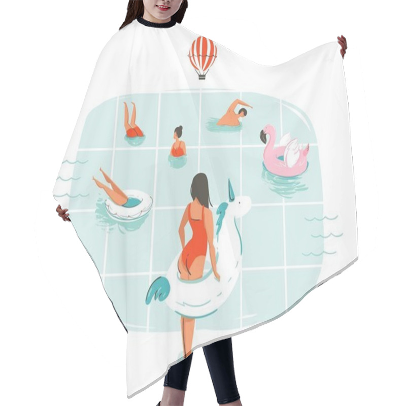 Personality  Hand drawn vector abstract cartoon summer time fun illustration with swimming people in swimming pool with hot air balloons isolated on white background. hair cutting cape