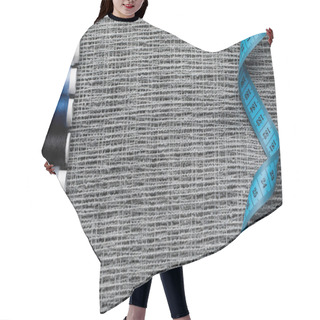 Personality  Top View Of Blue And Grey Thread Coils On Sackcloth With Measuring Tape And Copy Space Hair Cutting Cape