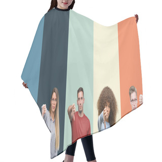 Personality  Group Of People Over Vintage Colors Background Looking Unhappy And Angry Showing Rejection And Negative With Thumbs Down Gesture. Bad Expression. Hair Cutting Cape