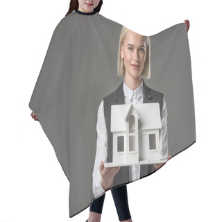 Personality  Portrait Of Young Real Estate Agent With House Model Isolated On Grey Hair Cutting Cape