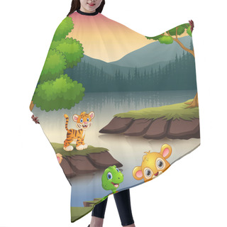 Personality  Vector Illustration Of The Animals Are Enjoying Nature By The Lake Hair Cutting Cape