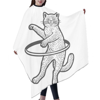 Personality  Cat Spins A Hula Hoop Ring Workout Sketch Engraving Raster Illustration. Scratch Board Imitation. Black And White Hand Drawn Image. Hair Cutting Cape