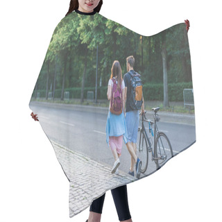 Personality  Rear View Of Couple With Backpacks And Bicycle Walking At Street Hair Cutting Cape