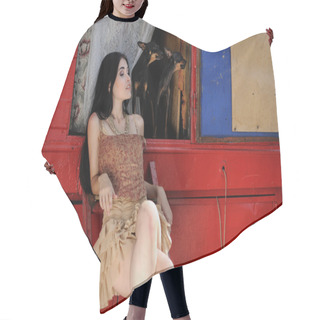Personality  Fashionable Girl Guarded By Two Toy Terrier Dogs. Circus Trailer Hair Cutting Cape