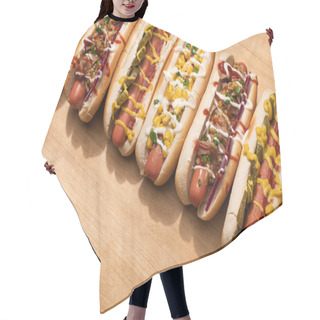 Personality  Various Delicious Hot Dogs With Vegetables And Sauces On Wooden Table Hair Cutting Cape