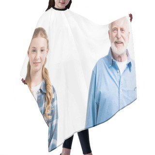 Personality  Grandfather And Granddaughter Posing  Hair Cutting Cape