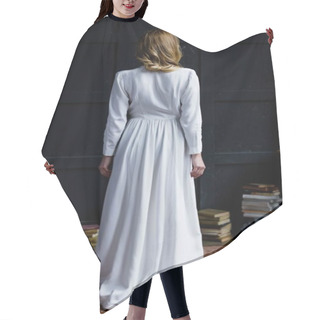Personality  Woman In Elegant White Long Dress Hair Cutting Cape