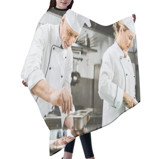Personality  Focused Male And Female Chefs In Uniform Preparing Food In Restaurant Kitchen Hair Cutting Cape