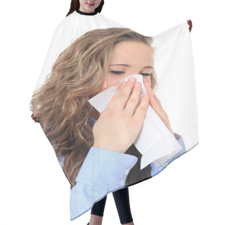 Personality  Portrait Of An Attractive Young Girl Blows Her Nose. All On White Background. Hair Cutting Cape