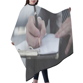 Personality  Businessman Signs A Contract. Holding Pen In Hand. Hair Cutting Cape