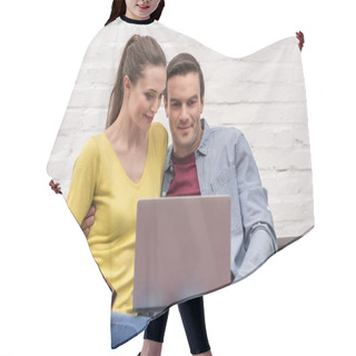 Personality  Happy Adult Couple Making E-shopping With Laptop And Credit Card On Couch At Home Hair Cutting Cape