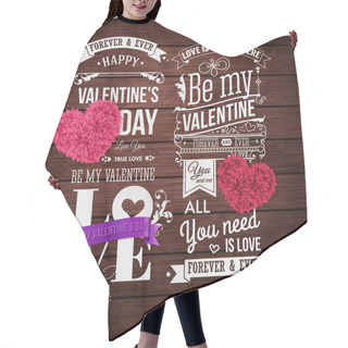 Personality  Vector Illustration. Set Of Graphic Design Templates For Valentines Day Card. Brown, Wooden Background. Various Lettering And Design Elements. Hair Cutting Cape