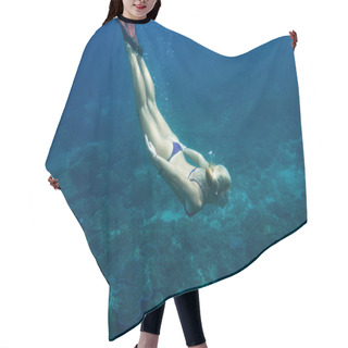 Personality  Underwater Pic Of Young Woman In Bikini And Fins Diving In Ocean Alone Hair Cutting Cape