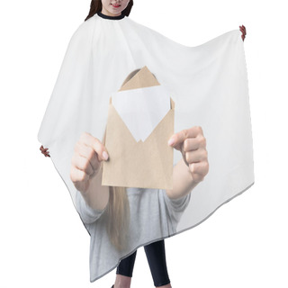 Personality  Partial View Of Woman Showing Kraft Envelope With Blank Card In Hands Isolated On White Hair Cutting Cape
