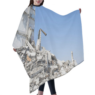 Personality  The Remains Of The Destroyed Building Of A Large Industrial Facility On The Background Of Blue Sky. Background Hair Cutting Cape