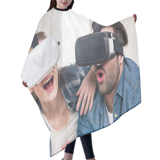 Personality  Couple Using Virtual Reality Headsets Hair Cutting Cape