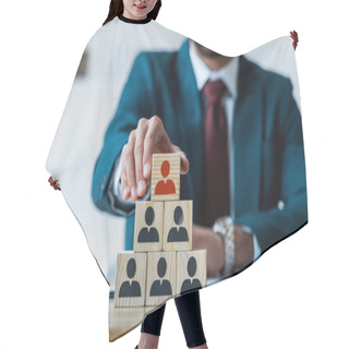 Personality  Selective Focus Of Wooden Cubes Near Bearded Recruiter In Office  Hair Cutting Cape