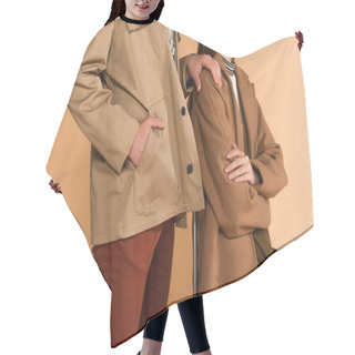 Personality  Cropped View Of Man Touching Shoulder Of Stylish Woman While Standing With Hand In Pocket Isolated On Beige Hair Cutting Cape