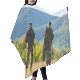 Personality  Hunters Friends Gamekeepers Walk Mountains Background. Hunting With Partner Provide Greater Measure Safety Often Fun And Rewarding. Hunters Rifles Nature Environment. Hunter Friend Enjoy Leisure Hair Cutting Cape