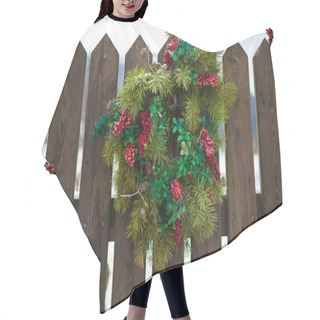 Personality  Christmas Wreath With Red Berries Hanging On Wooden Fence Hair Cutting Cape