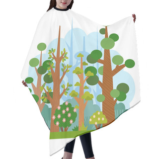 Personality  Cartoon Illustration For Children. Flat Spring Forest With Blooming Trees Hair Cutting Cape