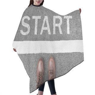 Personality  Start Background, Top View. Selfie Of Feet And Legs In Leather Ankle Boots On Pathway. Hipster Woman In Brown Shoes On Starting Line New Beginning Idea. Business Challenge Concept. Moving Forward. Hair Cutting Cape