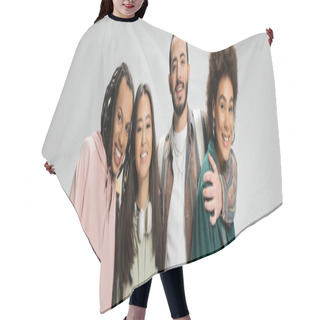 Personality  Happy Multicultural Friends In Trendy Clothes Smiling At Camera Isolated On Grey, Banner Hair Cutting Cape