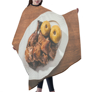 Personality  Top View Of Fried Duck Pieces Laying On Plate With Marinated Apples Over Wooden Table   Hair Cutting Cape