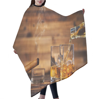 Personality  Glasses Of Whiskey With Ice Cubes Served On Wood Hair Cutting Cape