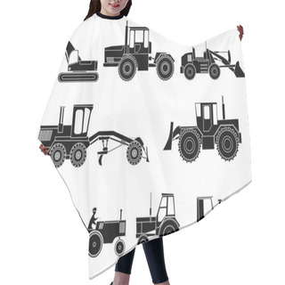 Personality  Set Of Icon Heavy Machines In Black And White Style. Hair Cutting Cape