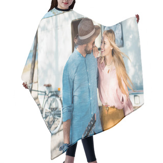 Personality  Boyfriend And Girlfriend Hugging Near Campervan With Bicycle Hair Cutting Cape
