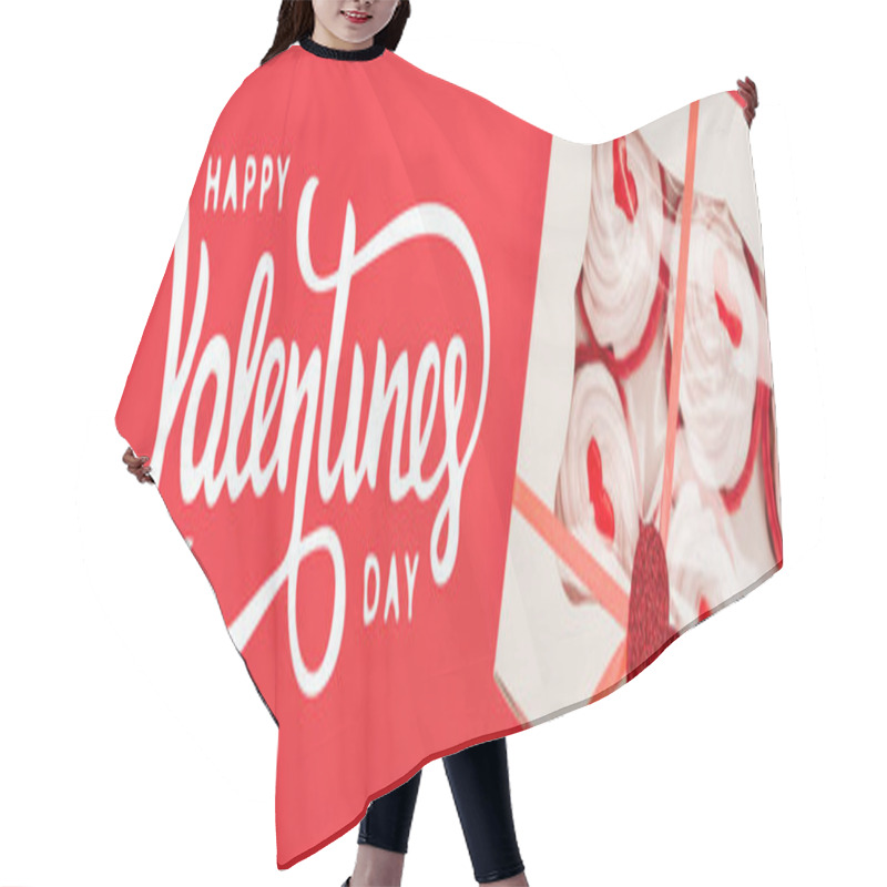 Personality  top view of box with tasty cupcakes near happy valentines day lettering on red, banner hair cutting cape