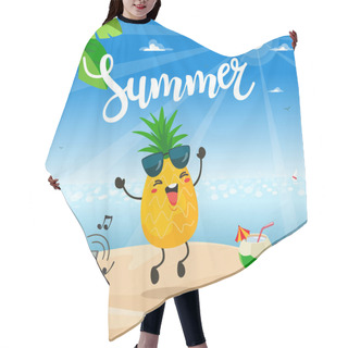 Personality  Summer Poster Design With Vector Pineapple Character. Hair Cutting Cape