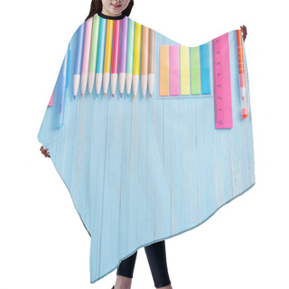 Personality  School Supplies On  Blue Wooden Background Hair Cutting Cape